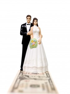 Wedding couple standing on a Dollar Bank Note